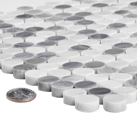 Apollo Tile Sample, Carrara & Bardiglio Mix Penny 11.3"x12" Marble Mosaic Tile APLSE99P06PEC47 Sample